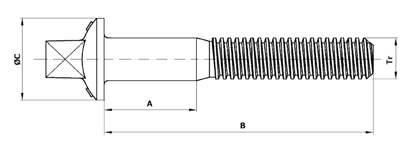 Kótovaný nákres pražcového šroubu s trapézovým  závitem