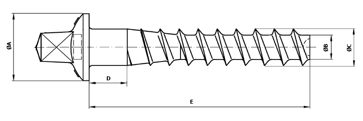 Kótovaný nákres pražcového šroubu s vrutovým závitem